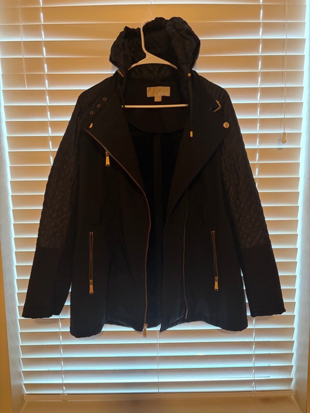 Michael Kors Black Hooded Jacket with Quilted Sleeves
